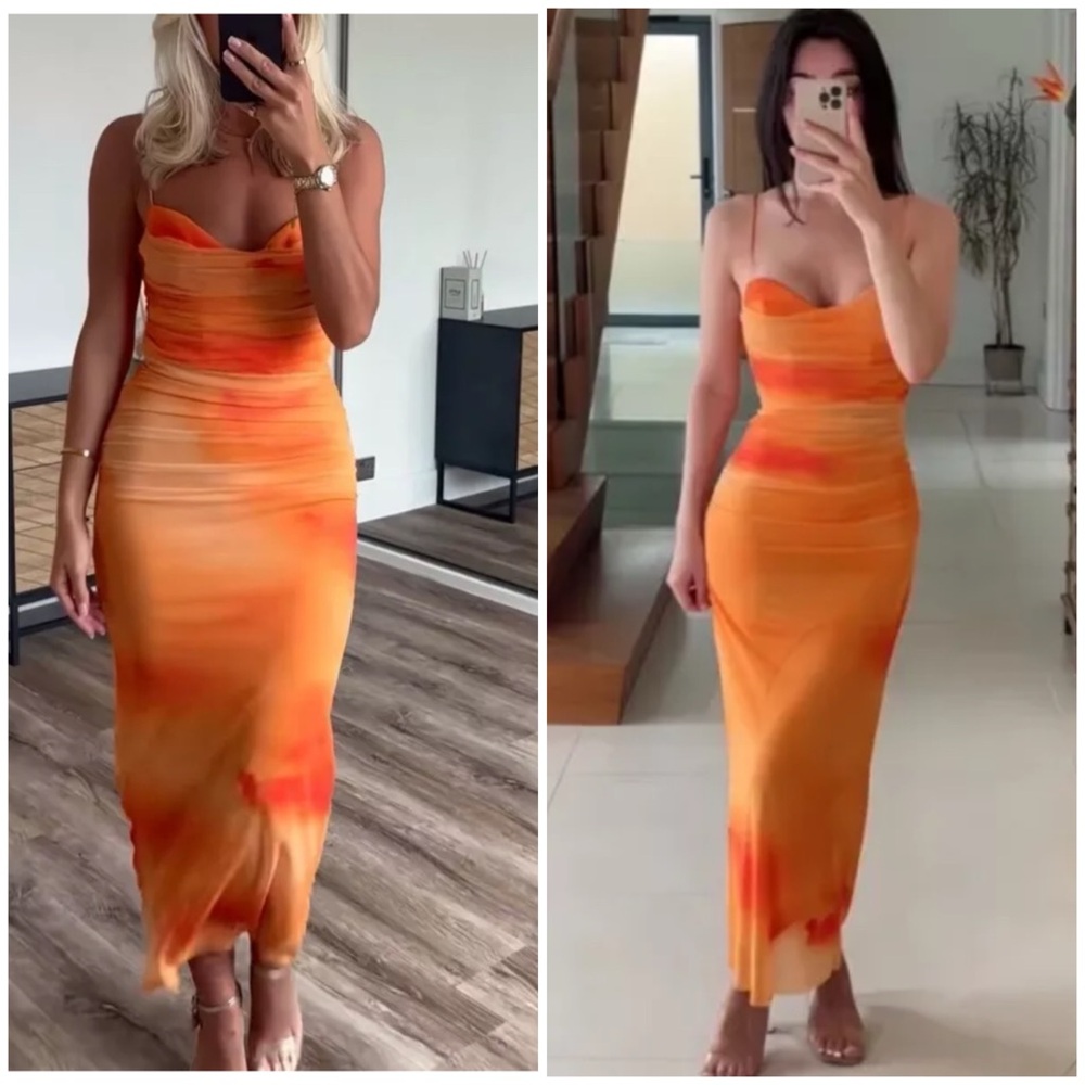 ZARA ORANGE DRAPED PRINTED TULLE DRESS